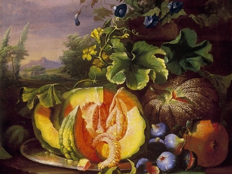 1827-Újházy Ferenc - Natura morta con frutta in paesaggio
